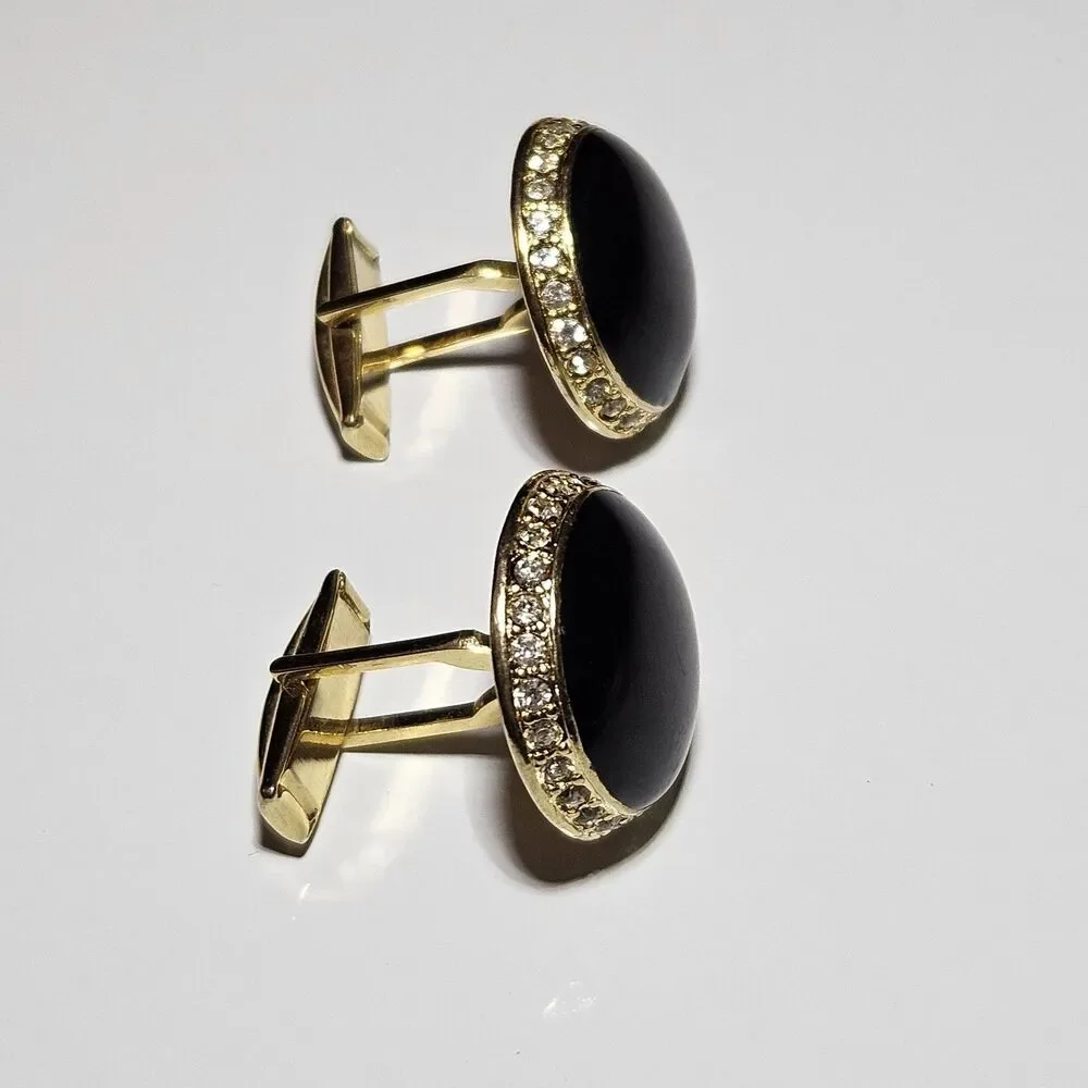 Vtg Gold Tone Cufflinks Black Carbochon Circle Stone Clear Rhinestone Accents
